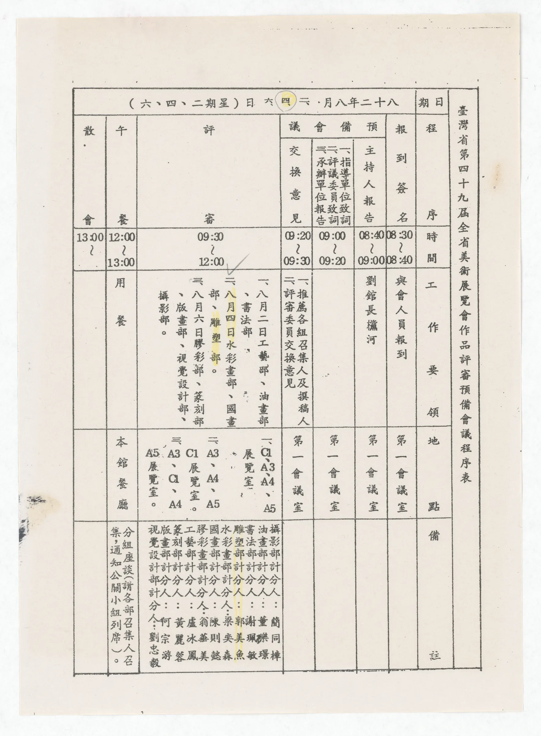 臺灣省全省美展籌備委員會_第49屆全省美術展覽會作品評審預備會議程序表